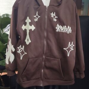 Brown Hoodie with White Graphic Designs